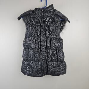 Vanity Black Flocked Puffer Vest With Faux Fur Hood Y2K Goth Coquette Size L